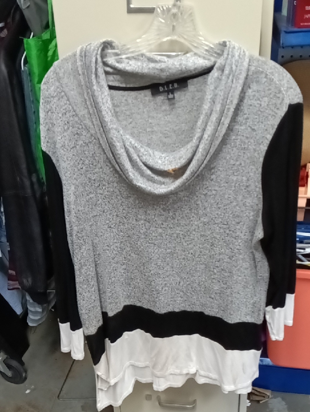 B.L.E.U. Grey Cowl Neck Colorblock Sweater with Black and White Panels